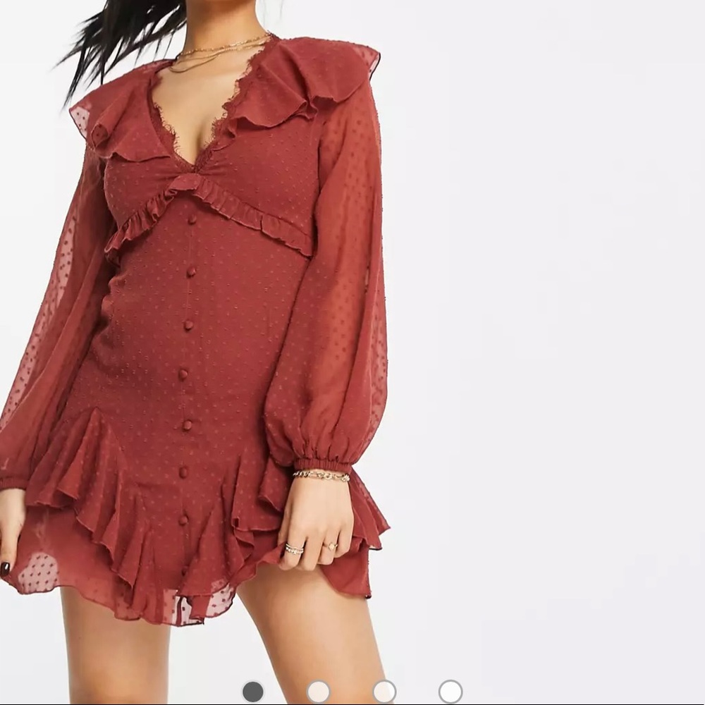ASOS DESIGN Petite textured button up lace trim mini tea dress in rust